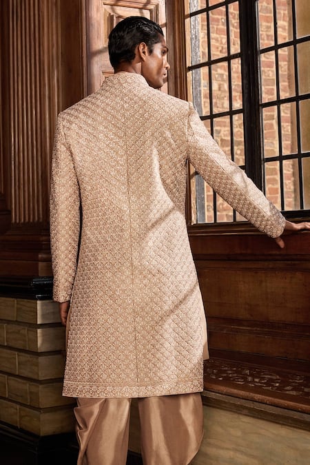 Shop_Seema Gujral_Gold Silk Embroidery, Sequins Thread Sherwani Set _at_Aza_Fashions