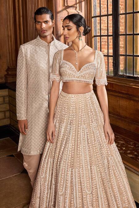 Seema Gujral_Gold Silk Embroidery, Sequins Thread Sherwani Set _Online_at_Aza_Fashions