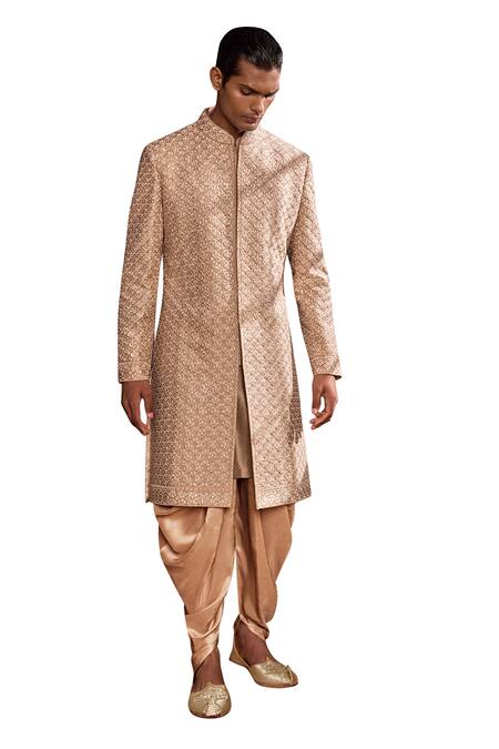 Buy_Seema Gujral_Gold Silk Embroidery, Sequins Thread Sherwani Set _Online_at_Aza_Fashions