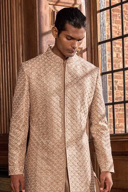 Seema Gujral_Gold Silk Embroidery, Sequins Thread Sherwani Set _at_Aza_Fashions