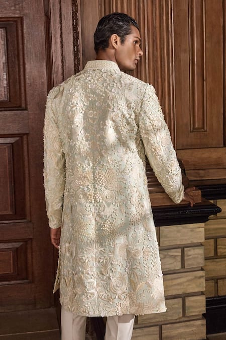 Shop Seema Gujral Green Silk, Cotton Embroidery Floral Sherwani Set at Aza Fashions Shop_Seema Gujral_Green Silk, Cotton Embroidery Floral Sherwani Set _at_Aza_Fashions