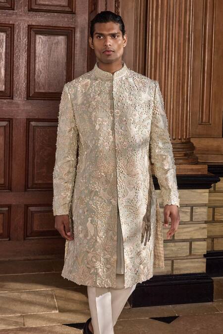 Shop Seema Gujral Green Silk, Cotton Embroidery Floral Sherwani Set Online at Aza Fashions Shop_Seema Gujral_Green Silk, Cotton Embroidery Floral Sherwani Set _Online_at_Aza_Fashions