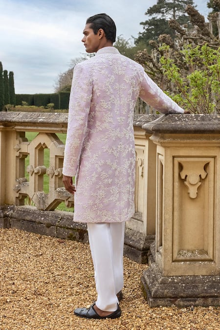 Shop_Seema Gujral_Purple Silk, Cotton Pearls Embroidered Sherwani Set _at_Aza_Fashions