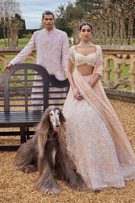 Seema Gujral_Purple Silk, Cotton Pearls Embroidered Sherwani Set _Online_at_Aza_Fashions