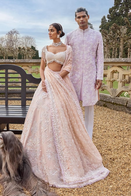 Buy_Seema Gujral_Purple Silk, Cotton Pearls Embroidered Sherwani Set _Online_at_Aza_Fashions