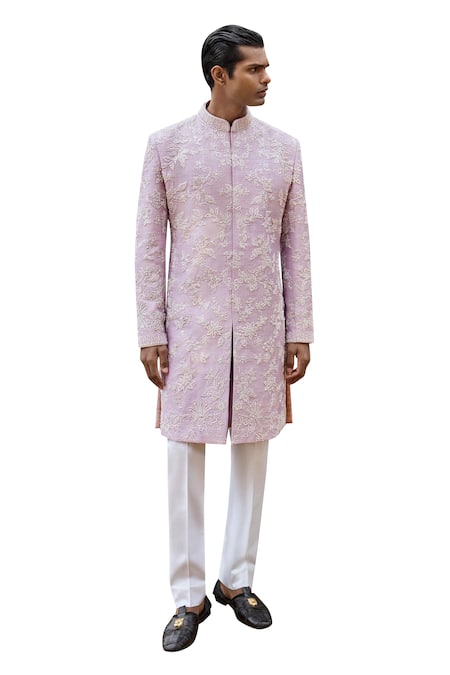 Shop_Seema Gujral_Purple Silk, Cotton Pearls Embroidered Sherwani Set _Online_at_Aza_Fashions