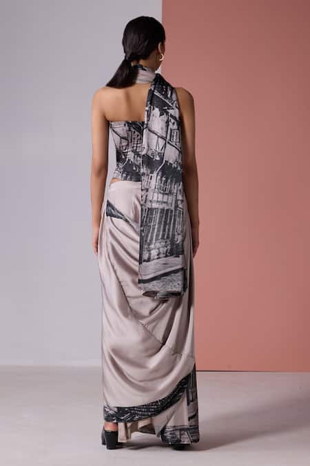 Jyoti Sachdev Iyer Paris Print Pre-Draped Saree With Corset 