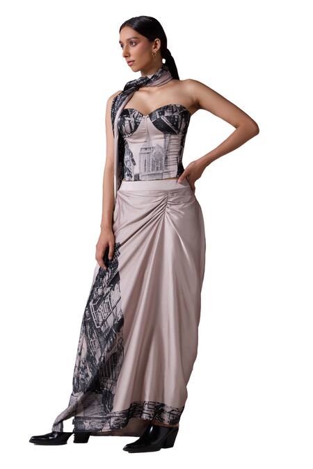 Buy_Jyoti Sachdev Iyer_Grey Satin, Lycra Sweetheart Neck Paris Print Pre-draped Saree With Corset _Online_at_Aza_Fashions
