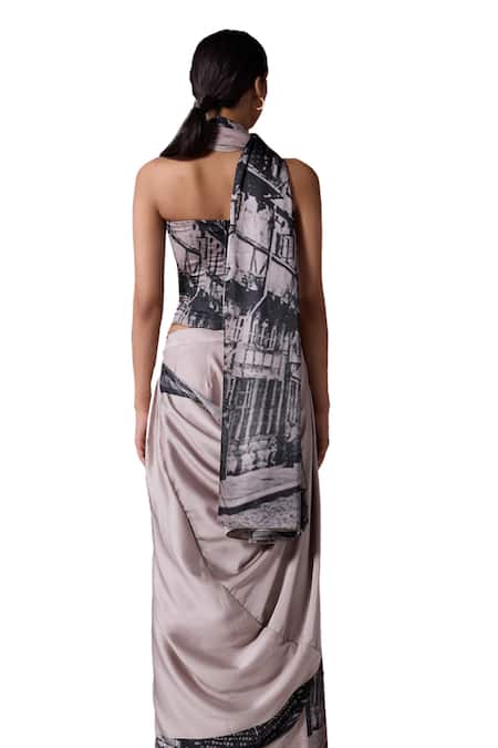 Shop_Jyoti Sachdev Iyer_Grey Satin, Lycra Sweetheart Neck Paris Print Pre-draped Saree With Corset _Online_at_Aza_Fashions