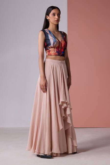 Jyoti Sachdev Iyer_Multi Color Cotton Modal Printed New York V Neck Crop Top With Skirt _Online_at_Aza_Fashions