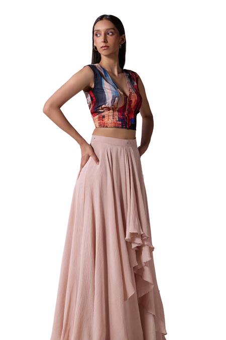 Buy_Jyoti Sachdev Iyer_Multi Color Cotton Modal Printed New York V Neck Crop Top With Skirt _Online_at_Aza_Fashions