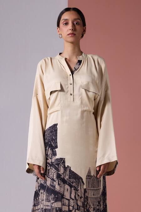 Shop_Jyoti Sachdev Iyer_Beige Linen Satin Printed Paris Band Collar Shirt Dress _at_Aza_Fashions