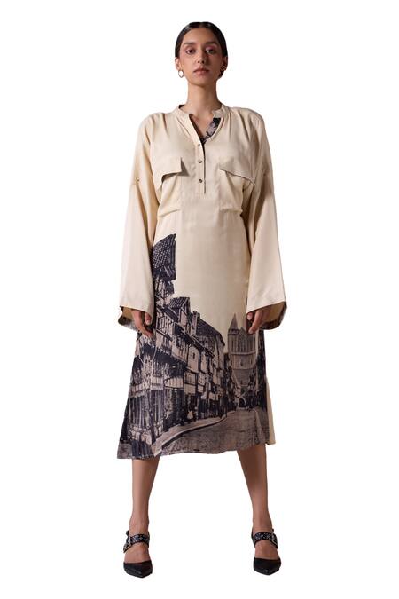 Jyoti Sachdev Iyer_Beige Linen Satin Printed Paris Band Collar Shirt Dress _Online_at_Aza_Fashions