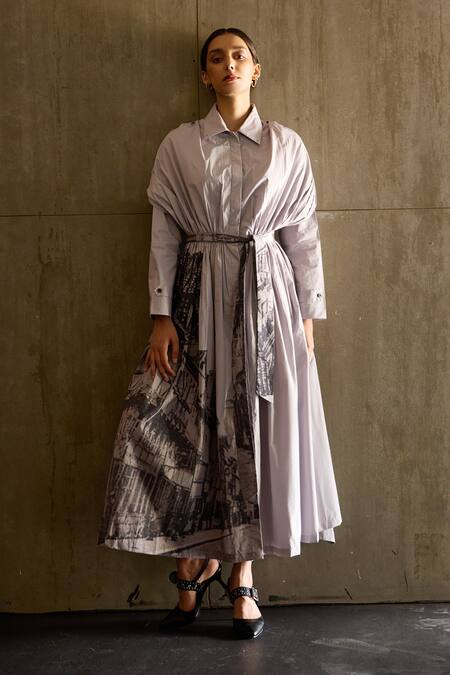 Shop_Jyoti Sachdev Iyer_Grey Cotton Printed London Collared Dress _at_Aza_Fashions