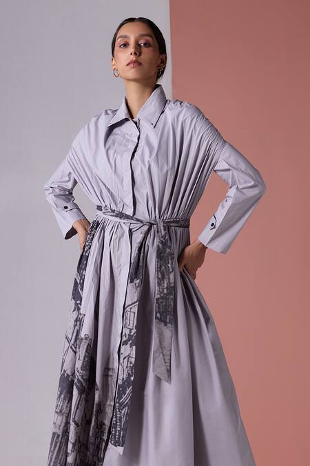 Buy_Jyoti Sachdev Iyer_Grey Cotton Printed London Collared Dress _Online_at_Aza_Fashions