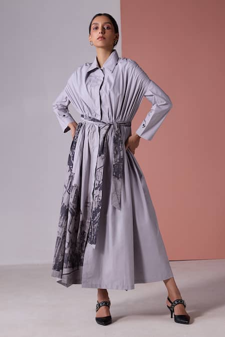 Shop_Jyoti Sachdev Iyer_Grey Cotton Printed London Collared Dress _Online_at_Aza_Fashions