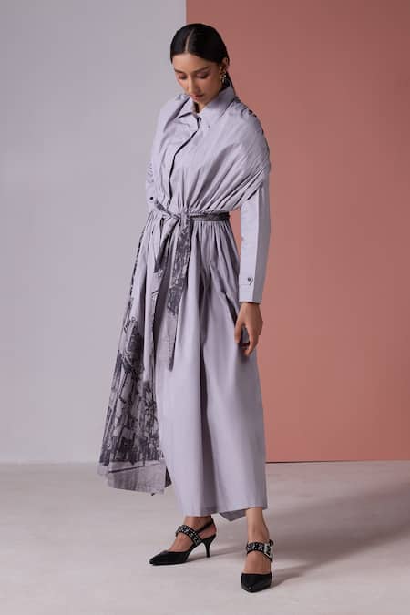 Jyoti Sachdev Iyer_Grey Cotton Printed London Collared Dress _at_Aza_Fashions