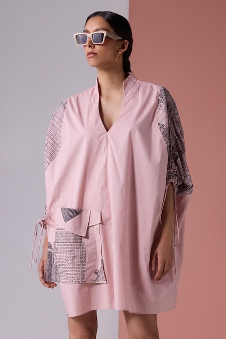 Shop_Jyoti Sachdev Iyer_Pink Cotton Printed London V Neck Short Dress _at_Aza_Fashions