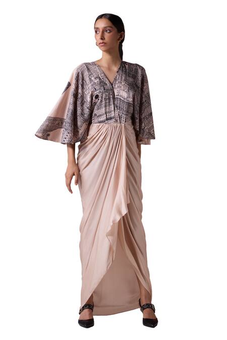 Jyoti Sachdev Iyer_Beige Cupro Printed London V Neck Landon Draped Kaftan _Online_at_Aza_Fashions