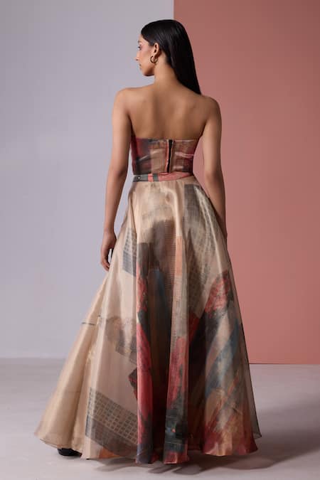 Shop_Jyoti Sachdev Iyer_Gold Organza Tissue Printed City Draped Skirt _at_Aza_Fashions