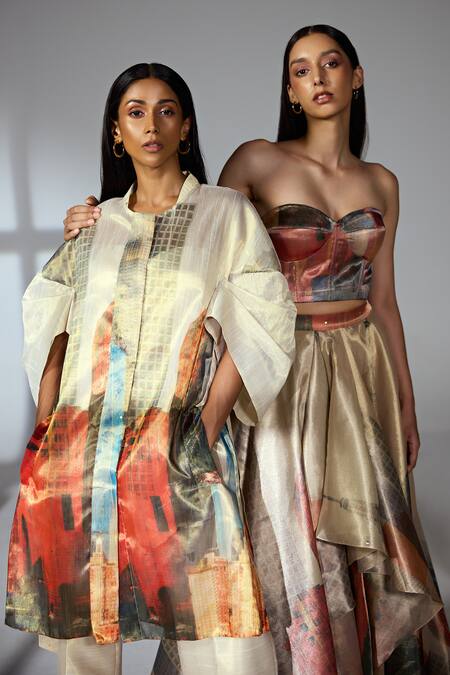 Jyoti Sachdev Iyer_Gold Organza Tissue Printed City Draped Skirt _Online_at_Aza_Fashions