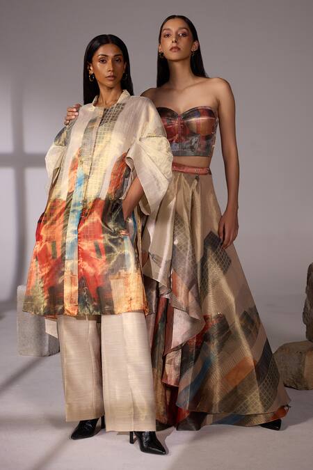 Buy_Jyoti Sachdev Iyer_Gold Organza Tissue Printed City Draped Skirt _Online_at_Aza_Fashions