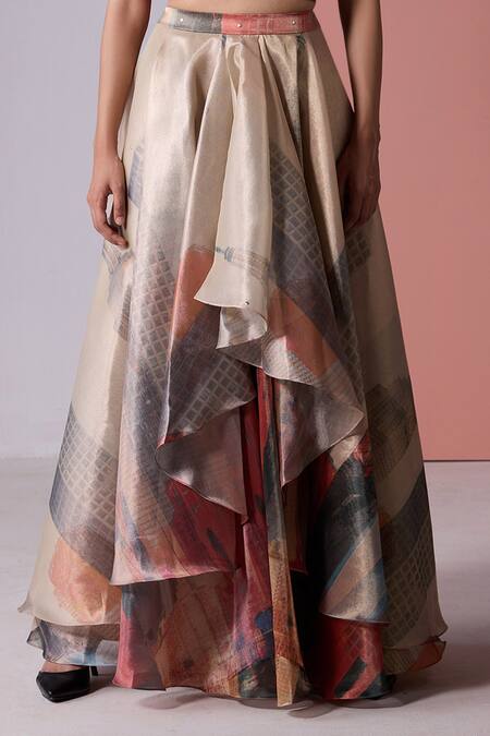 Shop_Jyoti Sachdev Iyer_Gold Organza Tissue Printed City Draped Skirt _Online_at_Aza_Fashions