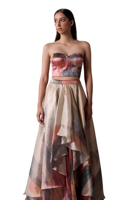 Jyoti Sachdev Iyer_Gold Organza Tissue Printed City Draped Skirt _at_Aza_Fashions
