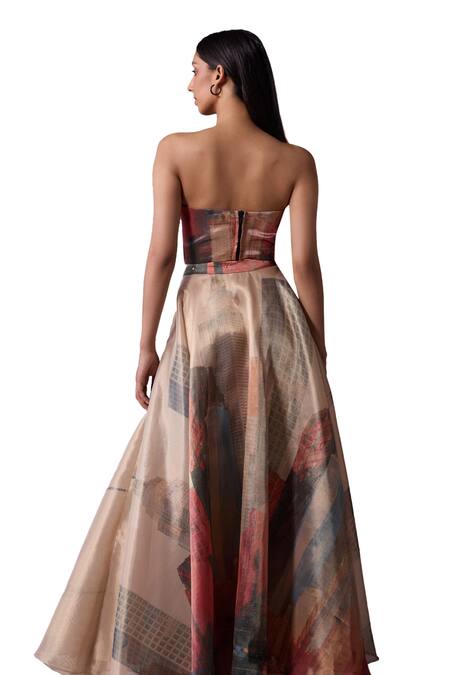 Buy_Jyoti Sachdev Iyer_Gold Organza Tissue Printed City Draped Skirt 