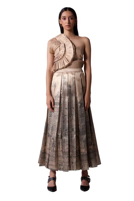 Jyoti Sachdev Iyer_Grey Organza Tissue Printed City Pleated Skirt _Online_at_Aza_Fashions