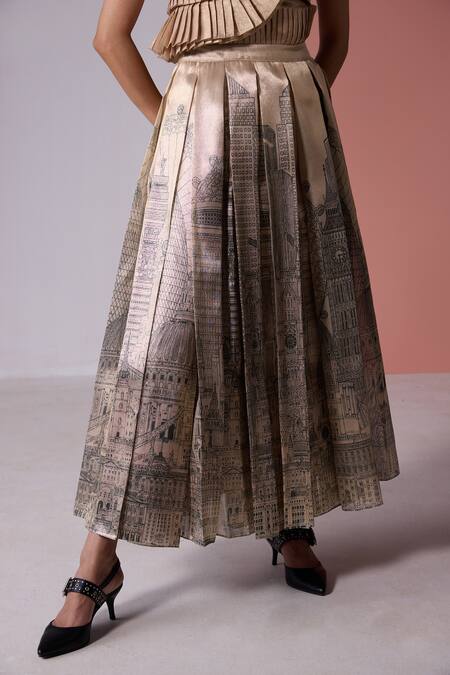 Buy_Jyoti Sachdev Iyer_Grey Organza Tissue Printed City Pleated Skirt _Online_at_Aza_Fashions