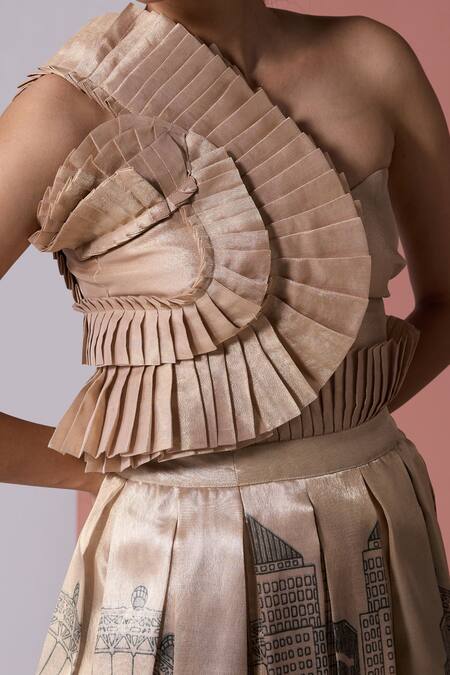 Buy_Jyoti Sachdev Iyer_Gold Organza Tissue Printed New York Asymmetric Pleat Detailed Corset Top _Online_at_Aza_Fashions