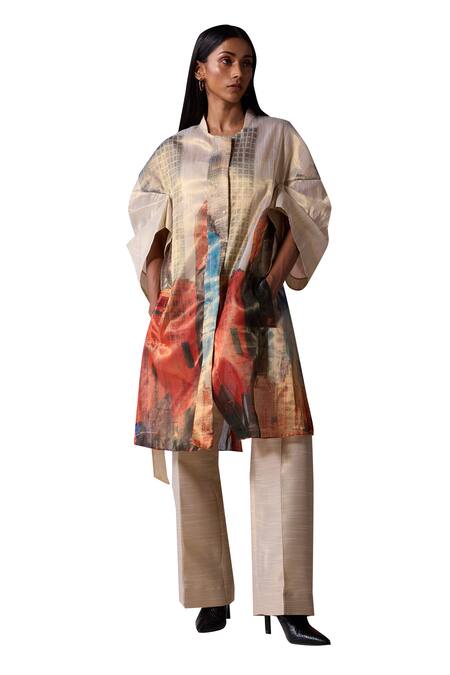 Jyoti Sachdev Iyer_Gold Slub Organza Tissue Printed New York Open Trench Jacket _Online_at_Aza_Fashions