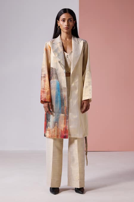 Shop_Jyoti Sachdev Iyer_Gold Slub Organza Tissue Printed New York Notched Lapel Jacket _at_Aza_Fashions