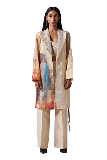 Jyoti Sachdev Iyer_Gold Slub Organza Tissue Printed New York Notched Lapel Jacket _Online_at_Aza_Fashions