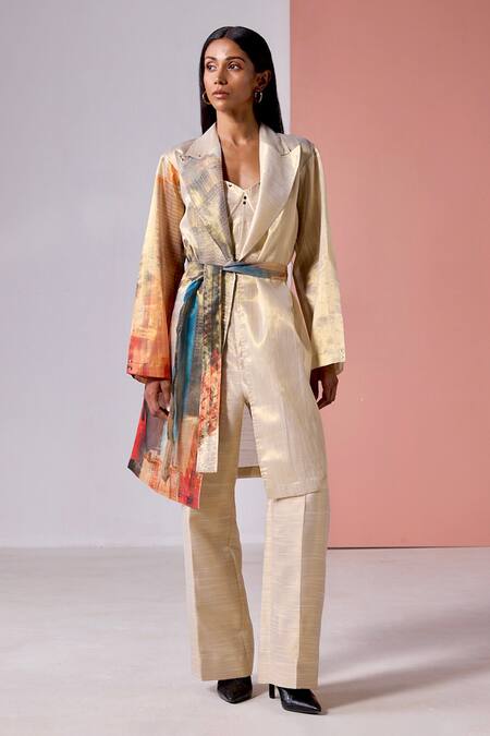 Buy_Jyoti Sachdev Iyer_Gold Slub Organza Tissue Printed New York Notched Lapel Jacket _Online_at_Aza_Fashions