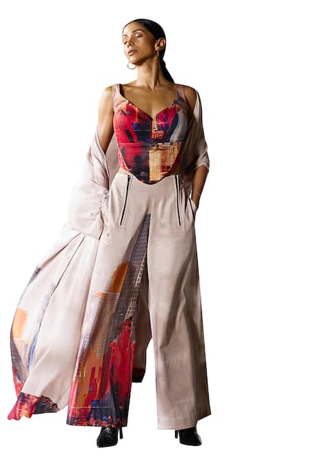 Jyoti Sachdev Iyer_Grey Cotton Printed New York Jacket Open With Pant Set _Online_at_Aza_Fashions