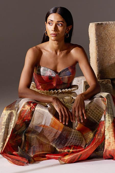 Shop_Jyoti Sachdev Iyer_Organza Tissue Printed New York Sweetheart Skirt With Corset _Online_at_Aza_Fashions
