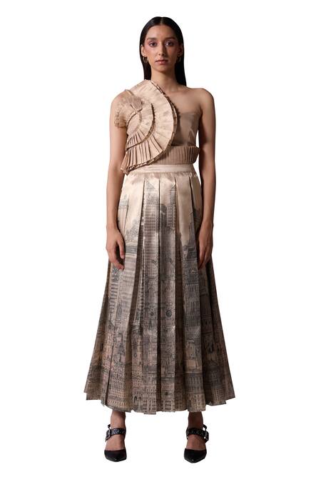 Jyoti Sachdev Iyer_Gold Organza Tissue Printed New York Asymmetric Pleated Crop Top With Skirt _Online_at_Aza_Fashions
