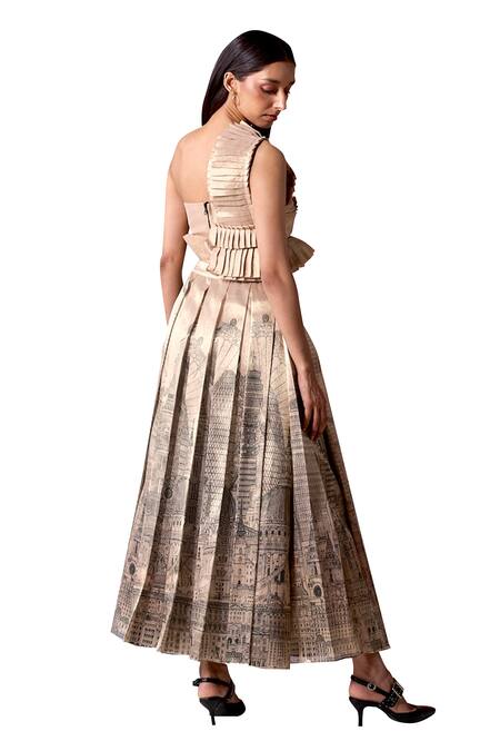 Jyoti Sachdev Iyer_Gold Organza Tissue Printed New York Asymmetric Pleated Crop Top With Skirt _at_Aza_Fashions