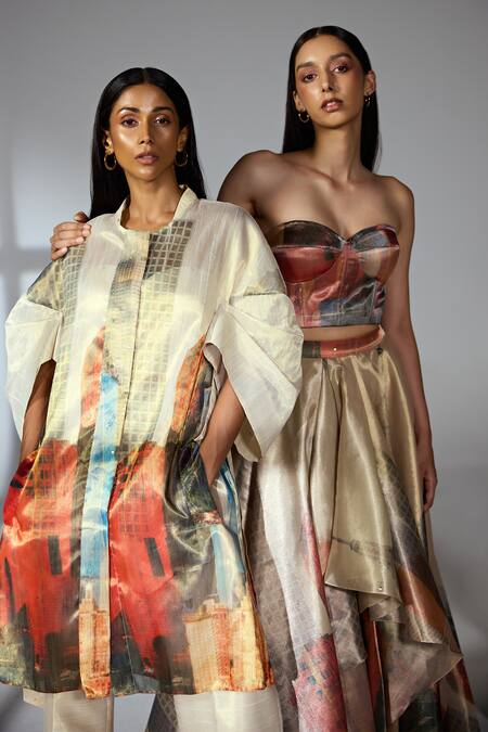 Jyoti Sachdev Iyer_Gold Organza, Tissue Sweetheart Neck New York Print Draped Skirt With Corset _Online_at_Aza_Fashions