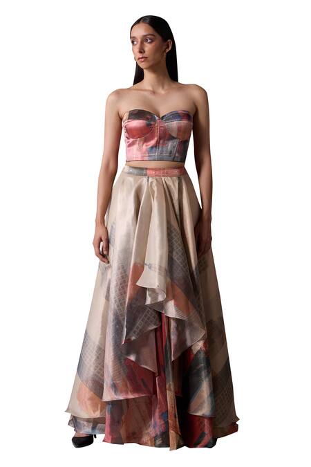 Shop_Jyoti Sachdev Iyer_Gold Organza, Tissue Sweetheart Neck New York Print Draped Skirt With Corset _Online_at_Aza_Fashions
