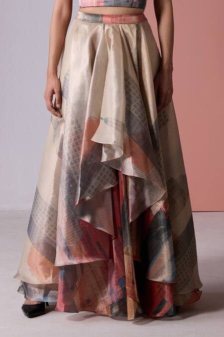 Jyoti Sachdev Iyer_Gold Organza, Tissue Sweetheart Neck New York Print Draped Skirt With Corset _at_Aza_Fashions
