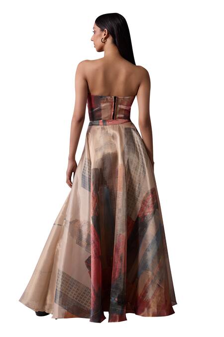 Shop_Jyoti Sachdev Iyer_Gold Organza, Tissue Sweetheart Neck New York Print Draped Skirt With Corset 