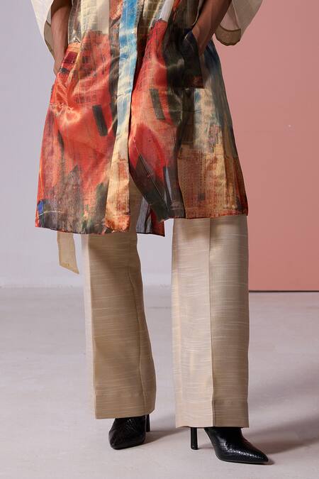 Jyoti Sachdev Iyer_Gold Slub Organza Tissue Printed New York Jacket Open Trench With Pant Set _Online_at_Aza_Fashions