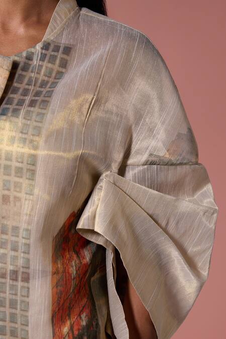 Shop_Jyoti Sachdev Iyer_Gold Slub Organza Tissue Printed New York Jacket Open Trench With Pant Set _Online_at_Aza_Fashions