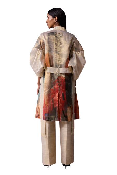 Jyoti Sachdev Iyer_Gold Slub Organza Tissue Printed New York Jacket Open Trench With Pant Set _at_Aza_Fashions