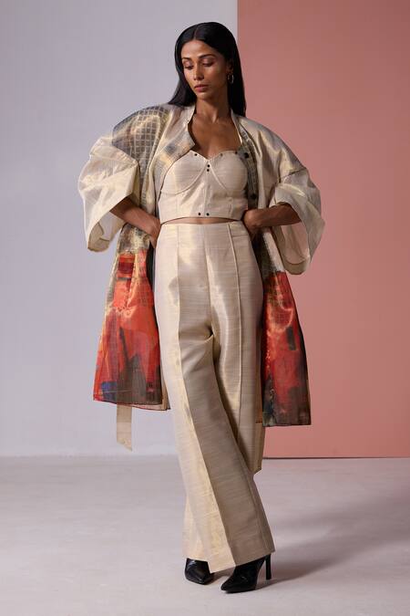 Buy_Jyoti Sachdev Iyer_Gold Slub Organza Tissue Printed New York Jacket Open Trench With Pant Set 