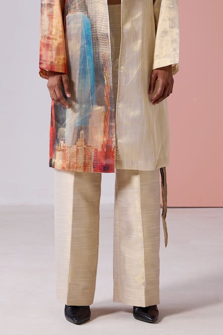 Buy_Jyoti Sachdev Iyer_Gold Slub Organza Tissue Printed New York Jacket Open With Trouser Set _Online_at_Aza_Fashions