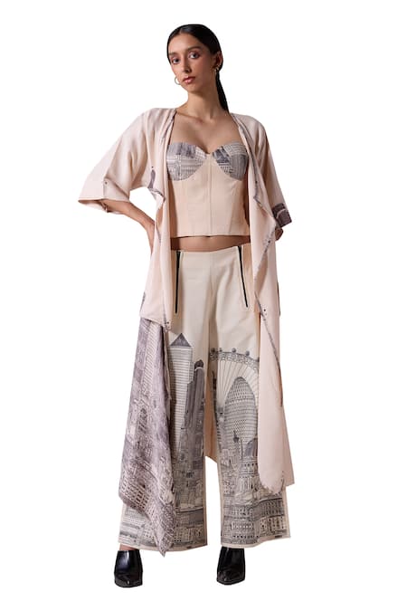 Jyoti Sachdev Iyer_Gold Slub Organza Tissue Printed New York Jacket Open Asymmetric With Pant Set _Online_at_Aza_Fashions